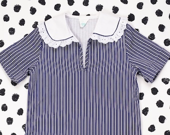 Blusa vintage con cuello Peter Pan para niñas. Camiseta de algodón para niñas de 9 a 10 años. Ropa vintage para niñas. Top azul a rayas para niñas grandes. Ropa infantil de los años 80.