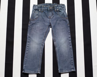 Vintage Kinder Jeans Vintage 90er dunkle Waschung blau gerades Bein Kinder Jeans Patches Jeanshose dicke Baumwolle nicht stretch Größe 98 Alter 3 Jahre