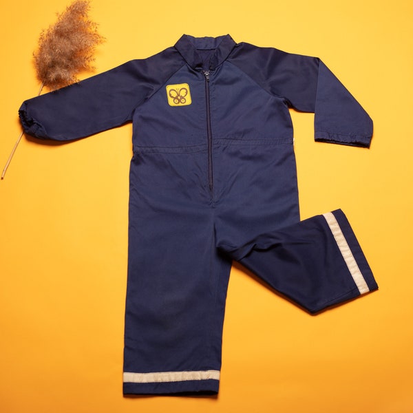 Vintage Kids Jumpsuit handmade blue kids racing coveralls navy blue kids outerwear reflective bands age 4 - 5 years