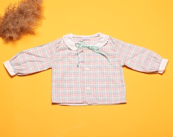 Vintage Newborn Top plaid pattern peter pan lace collar button front long sleeve top pink check patterned shirt size 68 age 3 - 6 months