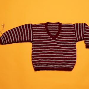 Kids Knitted Sweater vintage hand knit striped red and grey v neck pullover soft jumper kids boho style clothes handmade jumper age 6 years