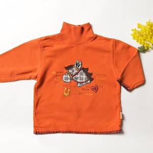Vintage Kids Sweater 90s unisex turtleneck sweatshirt orange kids jumper kids wear children clothes horse print top size 98 age 2 - 3 years