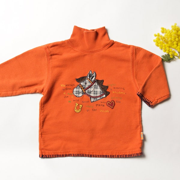 vintage Kids Sweater 90s sweat à col roulé unisexe orange enfants pull enfants portent des vêtements pour enfants cheval imprimé top taille 98 âge 2 - 3 ans
