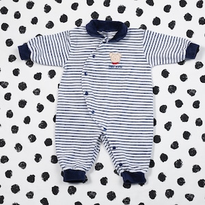 Vintage 90er Jahre Babykleidung Alter 3-4 Monate Größe 62 Samt Strampler Onesie Ganzanzug Baby Blau gestreift Babykleidung Kinder Vintage Kleidung
