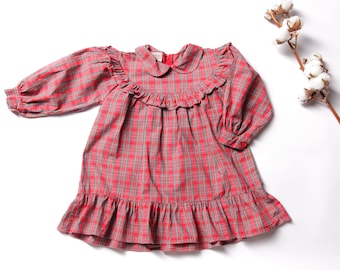 Girls Babydoll Dress plaid girl dress long sleeve dress check print red dress ruffle prairie checkered dress kid vintage clothing size 92