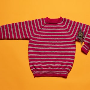 Kids Knitted Sweater vintage hand knit striped pink and grey pullover soft knit jumper kids boho style clothes handmade jumper age 6 years