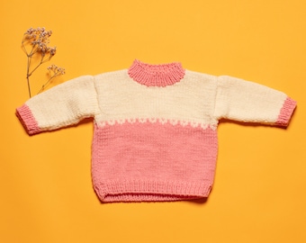 Baby Knit Sweater vintage hand knit crew neck pullover sweater white pink soft acrylic newborn sweater age up to 3 months
