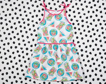 Vintage 80s Kids Summer Dress . Age 9 - 10 size 138 White Dress Overall Dress Patch Print Novelty Dress Teen Girls Clothing