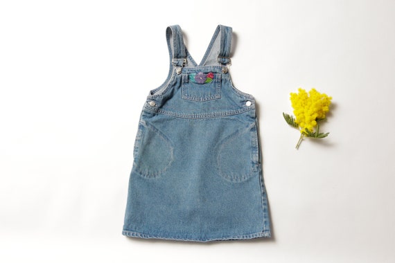 Kids Girls Denim Dungaree Shorts Embroidered Roses Stretch Jean Overall Jumpsuit 