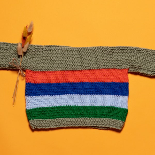 Baby Striped Jumper vintage oversize striped hand knitted acrylic soft pullover boat neck sweater rainbow T pattern size age 18-24 months