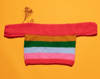 Baby Striped Sweater vintage oversize striped hand knitted acrylic soft pullover boat neck sweater rainbow T pattern size age 18-24 months