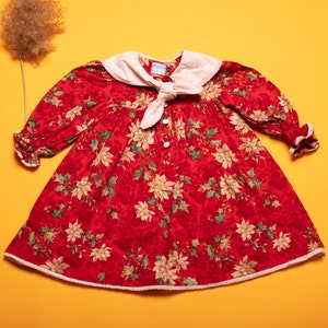 Vintage Girls Dress patterned ruffle dress christmas pattern long sleeve prairie style dress kids clothing red babydoll dress size 98
