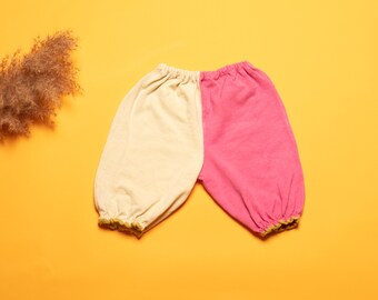 Vintage Baby Pants handmade pink and yellow jersey pants stretchy waist cotton pants baby size 0 - 3 months