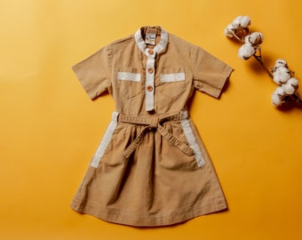 Vintage Girls Dress brown safari dress cotton dress summer dress children clothing kids wear 90s girl dress safari overall dress size 104