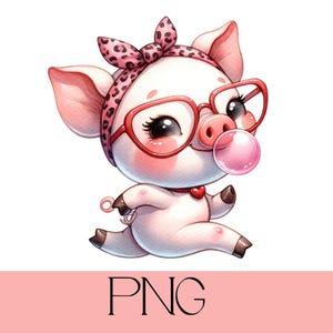 Valentine~s day Pig Png,Pig in  Wearing Sunglasses and Chewing Bubble Gum,  Valentine&#39;s Day Watercolor Pig,Sublimation Designs Downloads,