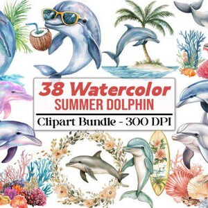 Clipart dauphins - 38 images PNG de dauphins et de fleurs tropicales, fond transparent pour le scrapbooking et la conception, clipart de lot de dauphins