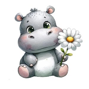 Carino ippopotamo con fiore acquerello clipart PNG, adorabile arte animale, design floreale pastello, arredamento per bambini, download digitale