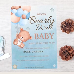 Editable Canva Template We Can Bearly Wait Baby Shower Invitation, We Can Bearly Wait Baby Shower, Blue Teddy Bear, Teddy Bear Baby Shower