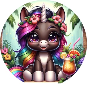 Paquete de posavasos de unicornio playero, posavasos redondos de verano por sublimación, lindos posavasos de unicornio para coche, diseños tropicales PNG para manualidades - Descarga digital