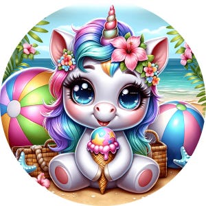 Paquete de posavasos de unicornio playero, posavasos redondos de verano por sublimación, lindos posavasos de unicornio para coche, diseños tropicales PNG para manualidades - Descarga digital