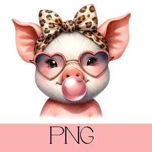 Valentine~s day Pig Png,Pig in  Wearing Sunglasses and Chewing Bubble Gum,  Valentine&#39;s Day Watercolor Pig,Sublimation Designs Downloads,