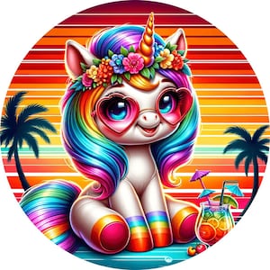 Paquete de posavasos de unicornio playero, posavasos redondos de verano por sublimación, lindos posavasos de unicornio para coche, diseños tropicales PNG para manualidades - Descarga digital