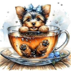 Lindo Yorkshire Terrier en acuarela con lazo azul en taza de té, ilustración de perro, descarga digital, arte para amantes de las mascotas