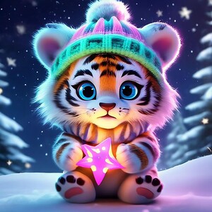 Prachtige kleine tijger-clipart - Wintermuts in sneeuw, schattige dierenillustratie voor feestdagen, knutselen en wenskaarten
