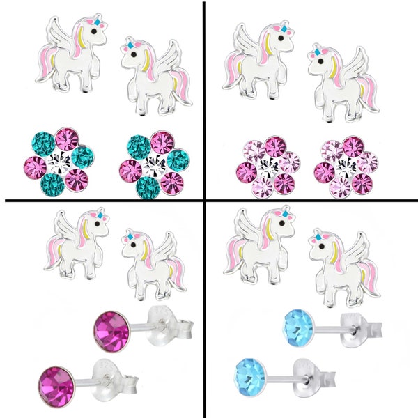 2 pairs of earrings unicorn 925 silver ear studs children's earrings real sterling silver girl safety clasp flower crystal gift set