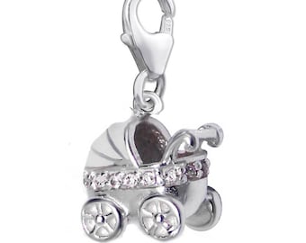 Charms pendant pram zirconia 925 sterling silver real sterling silver girls ladies charm children's charm bracelet