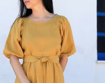 Vestido midi de lino VIVIAN con mangas abullonadas y cinturón