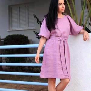 Vestido Vivian de lino con mangas, vestido con mangas abullonadas hasta la rodilla, vestido con cinturón