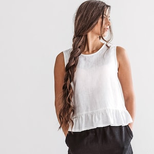 NAOMY woman tank top, summer linen top with ruffles