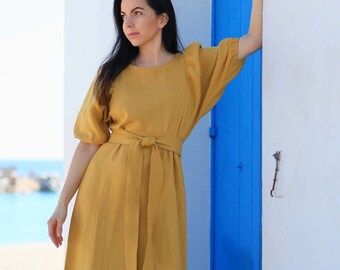 Vestido midi de lino Vivian, mangas abullonadas y cinturón