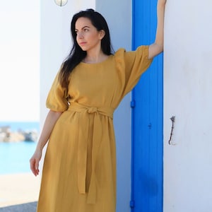 VIVIAN Midi Leinen Kleid mit Ärmeln, Puffärmel Kleid Midi Länge, Kleid mit Gürtel