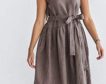 Kelly linen summer dress in midi length, cacao sleeveless dress with belt