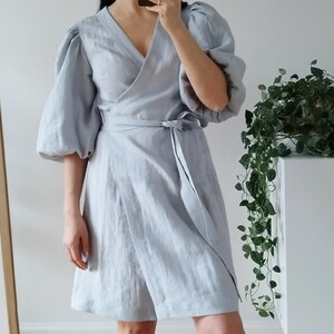 PAULA linen dress, summer dress with belt,  wrap dress with puff sleeves for women.