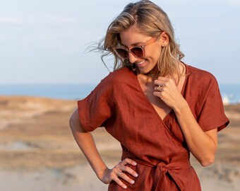 Vestido cruzado de lino EMMA, vestido de verano con cinturón