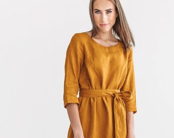 Robe en lin NANCY manches 3/4, robe d'été jaune moutarde avec ceinture