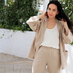APRIL linen kimono jacket, beige linen oversized blazer