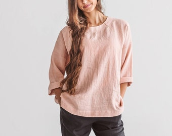 CAMILLA rose tunic - Drop shoulder blouse - Oversized linen top - Loose linen shirt - Linen tops for women