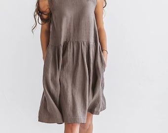 KELLY linen summer dress in midi length, cacao sleeveless dress with belt