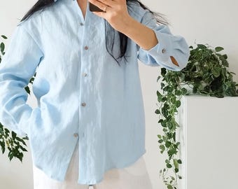 Camisa de lino extragrande KIM, top de manga larga con botones, ropa de mujer
