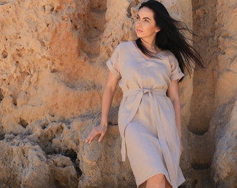 HELEN Linen Midi Dress with Belt