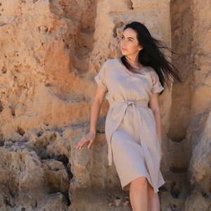 HELEN dress with belt, beige summer dress
