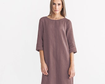 Robe en lin NANCY pour femme à manches 3/4, robe d'été avec ceinture