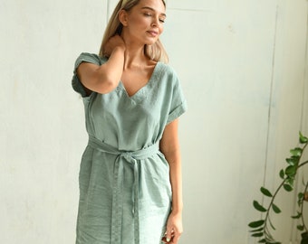 Vestido midi de lino con cinturón y escote en V – HELEN