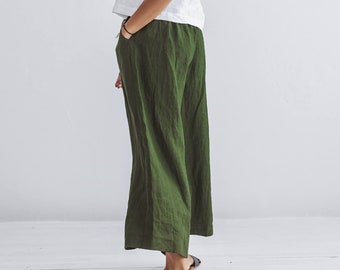 Pantalones de lino SUSAN de pierna ancha, cintura elástica