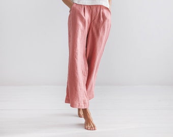 Pantalones de lino color salmón ruborizado SUSAN: Pantalón ancho con cintura elástica - Talla XL