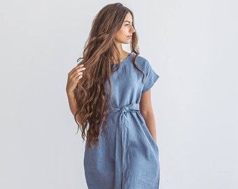 DIANE linen dress with belt, jeans blue summer dress
